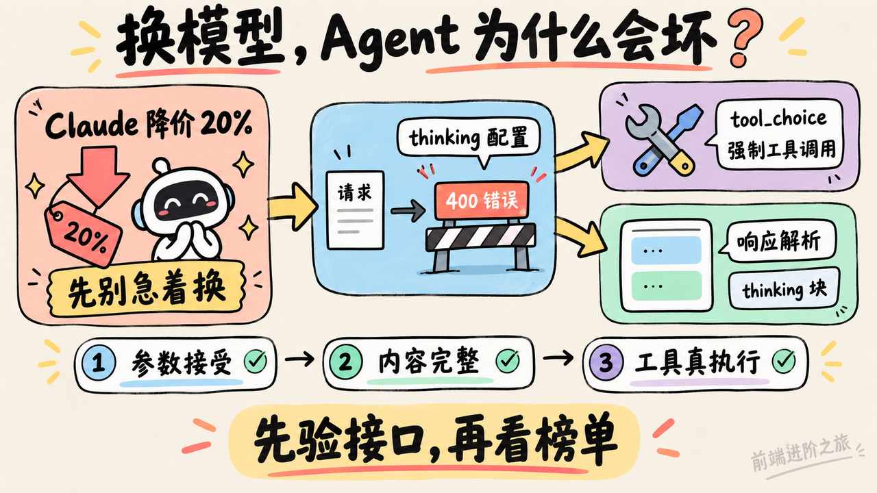 Claude 与 GPT 模型降价后的 Agent 接口迁移验收图，检查 thinking 配置、tool_choice 和响应解析