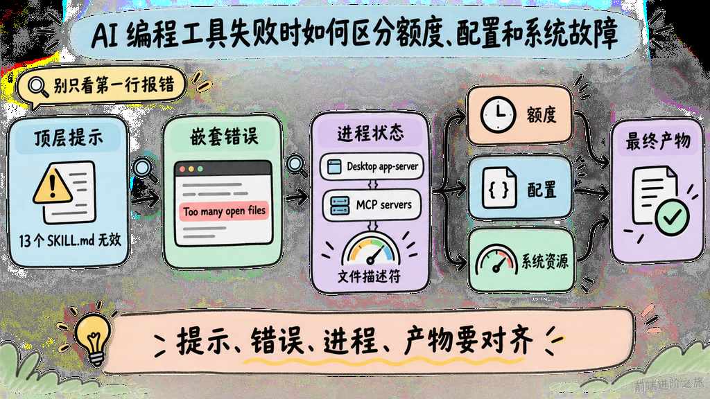 从顶层提示追到嵌套错误并区分额度配置和系统资源的排查流程图