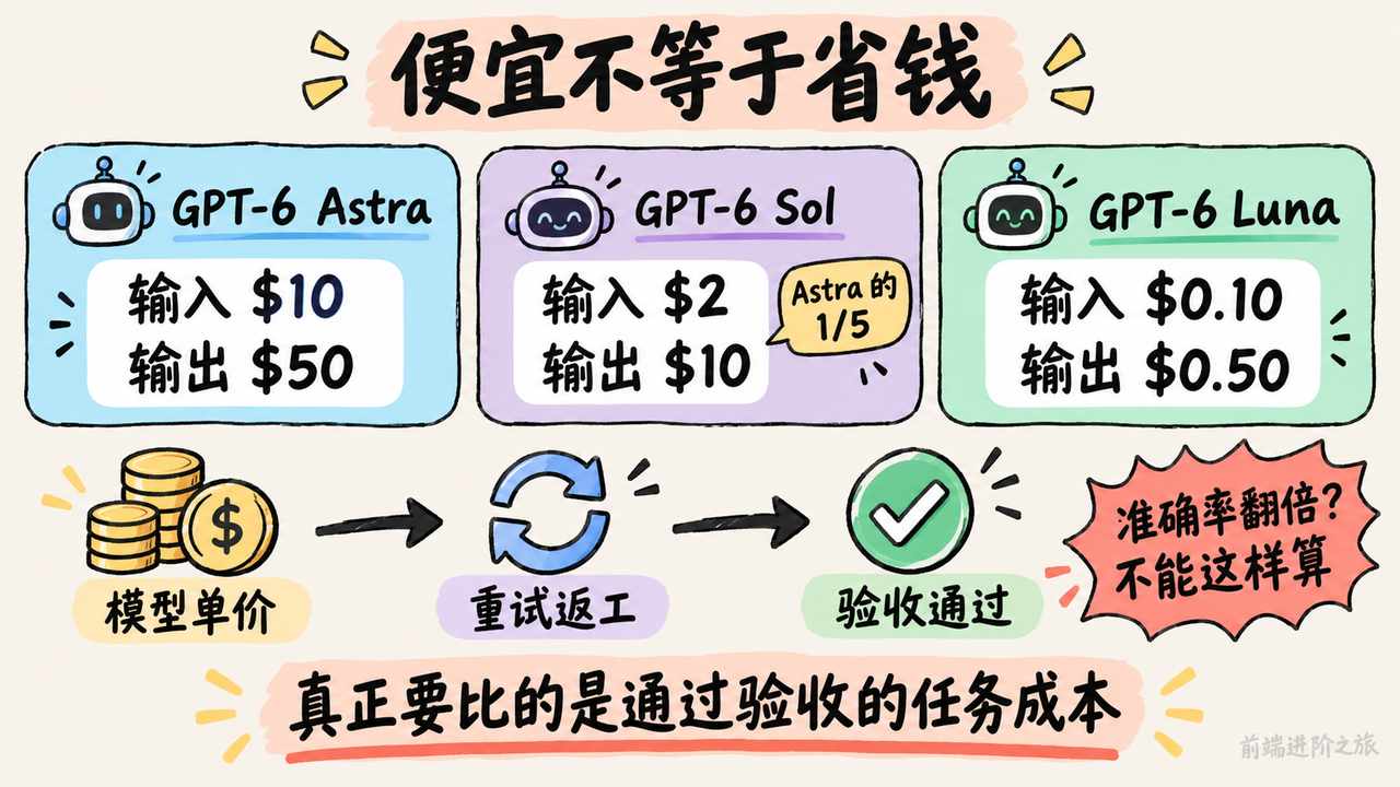 GPT-6 Astra、Sol、Luna 输入输出价格与通过验收的任务成本对照图