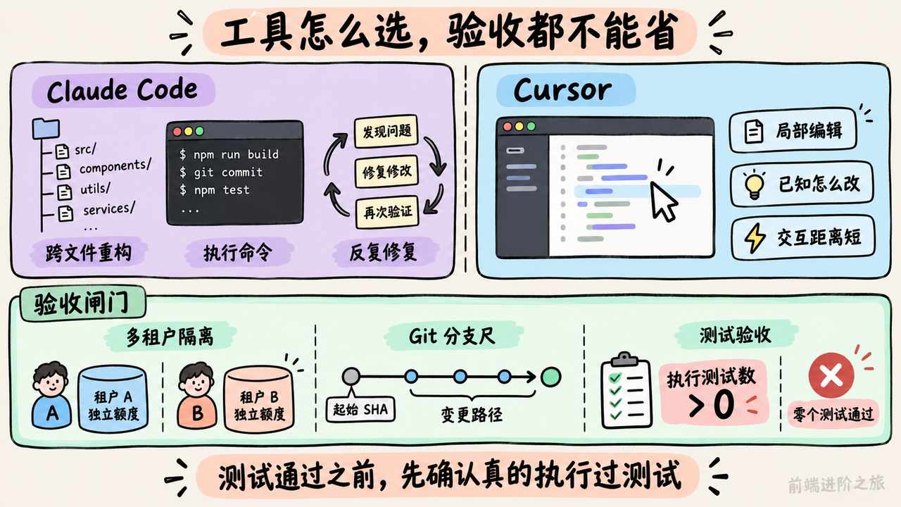 Claude Code 与 Cursor 按任务选择,合并前检查多租户隔离、变更路径与执行测试数