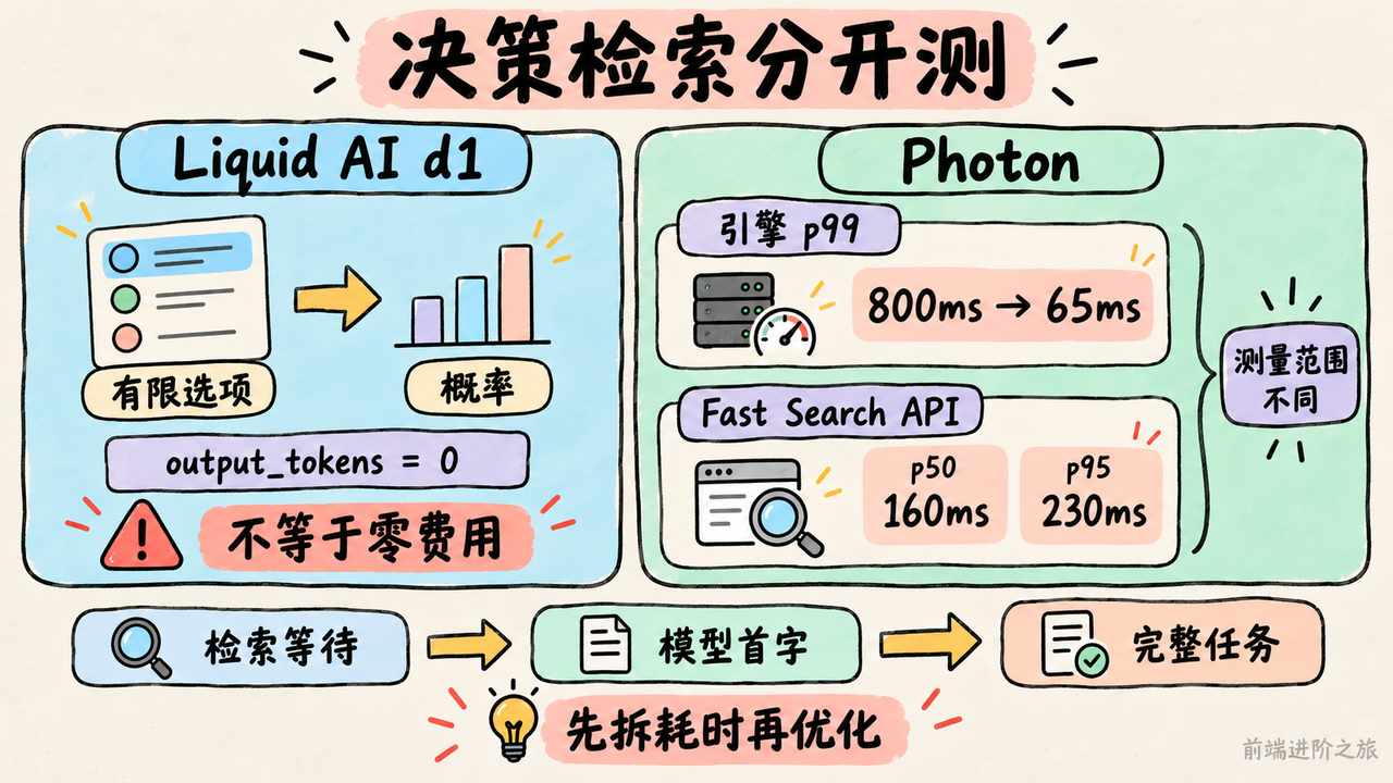 有限决策与长篇生成应拆开评估,零输出 token 不等于零费用;检索引擎与 API 延迟口径不能混用。