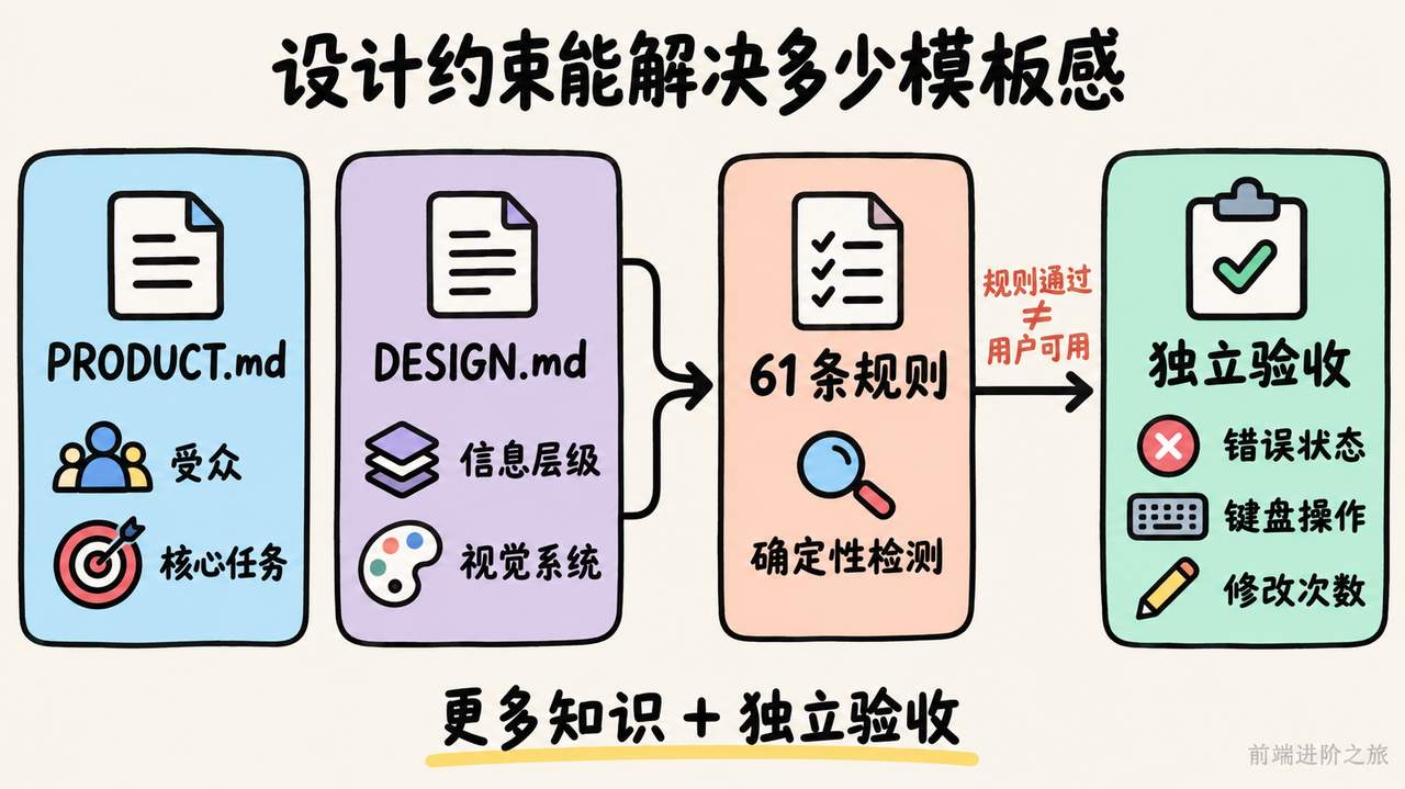 PRODUCT.md、DESIGN.md 和 61 条规则提供设计约束但仍需独立验收的框架图