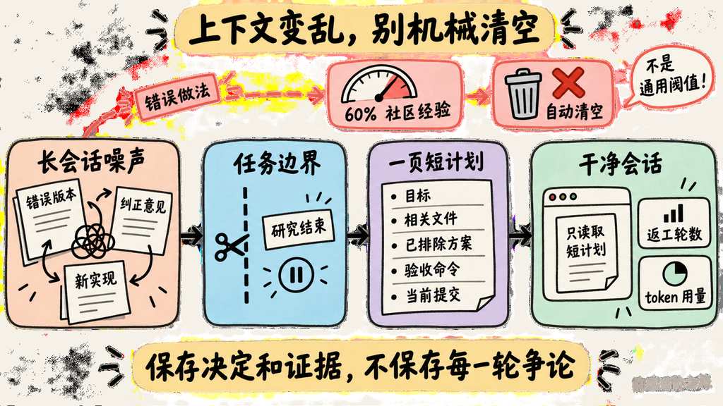 长会话在任务边界保存决定和证据,用一页短计划开启干净会话而非机械清空上下文