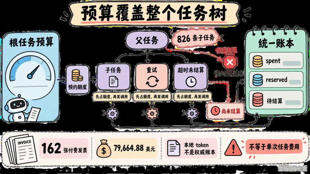 根任务预算覆盖子任务、重试和超时未结算调用的任务树预算图