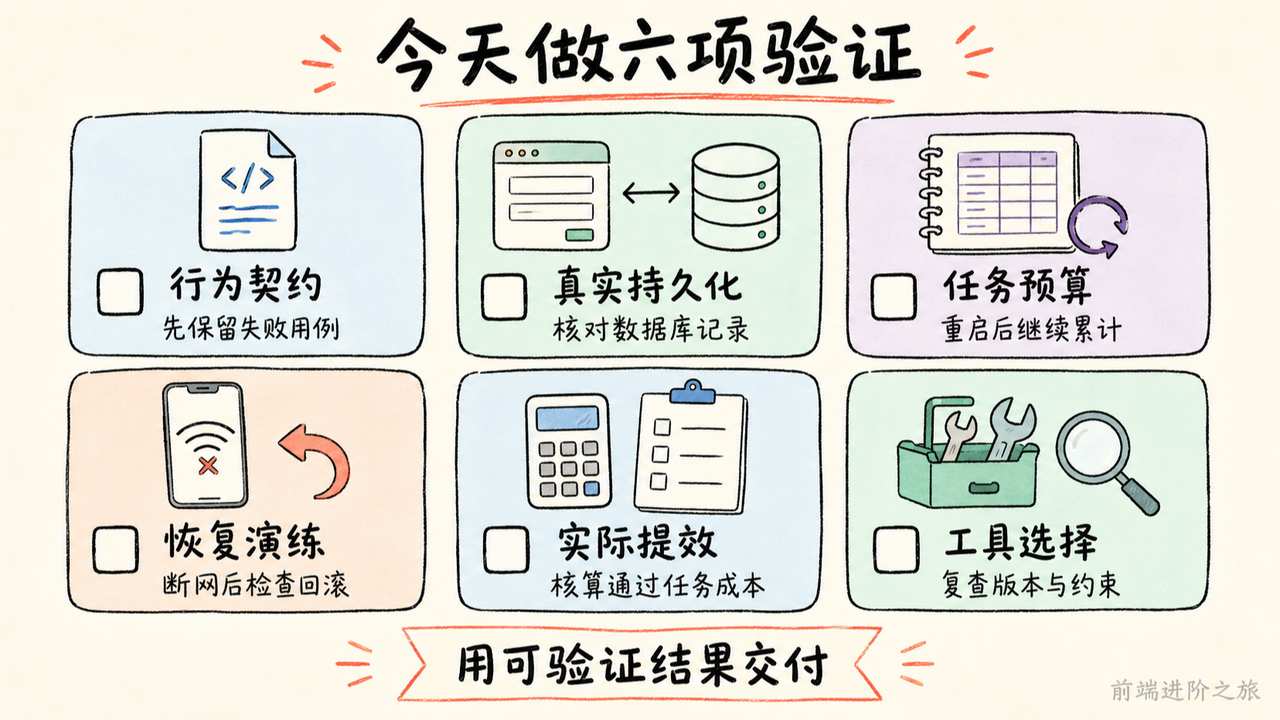六项独立验证覆盖行为契约、真实持久化、任务预算、恢复演练、实际提效和工具选择