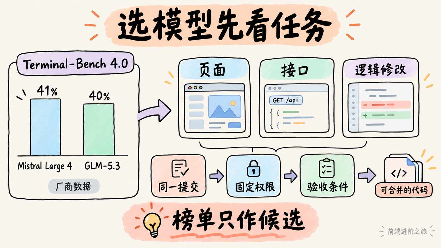 模型榜单只作候选，真实需求需固定提交、权限和验收条件