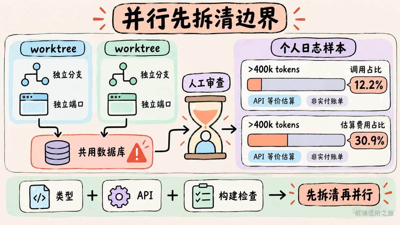 并行需要任务和环境隔离；个人日志中的长上下文调用占 12.2%，对应估算费用占 30.9%