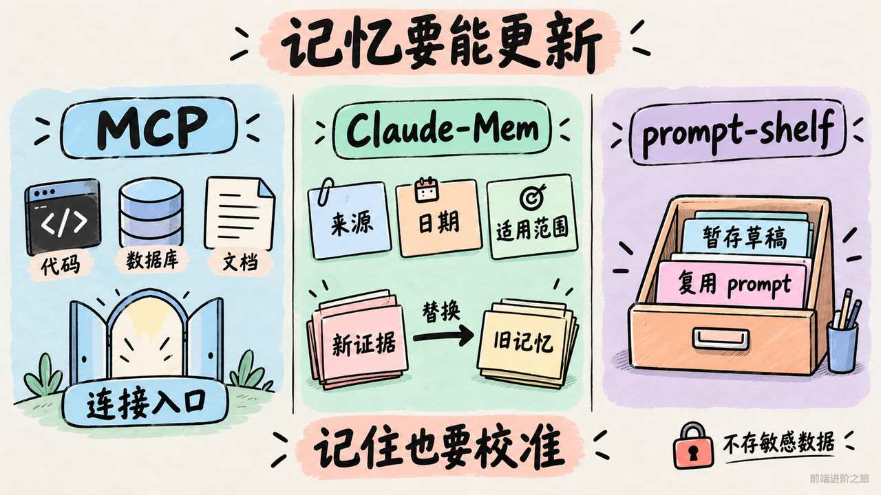 MCP 提供连接入口，跨会话记忆需记录来源、日期与适用范围并接受新证据更新，草稿管理另有用途