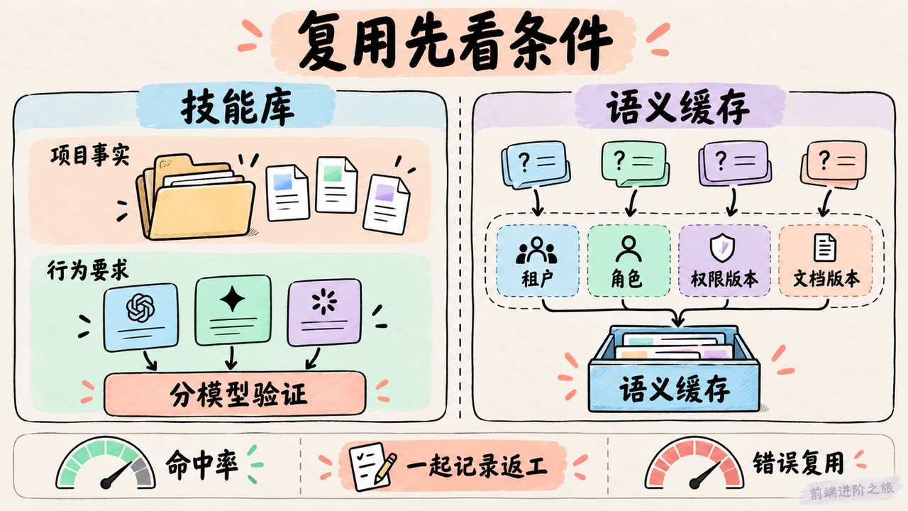 技能库须分模型验证,语义缓存须隔离租户、角色及版本,同时记录命中率、错误复用与返工