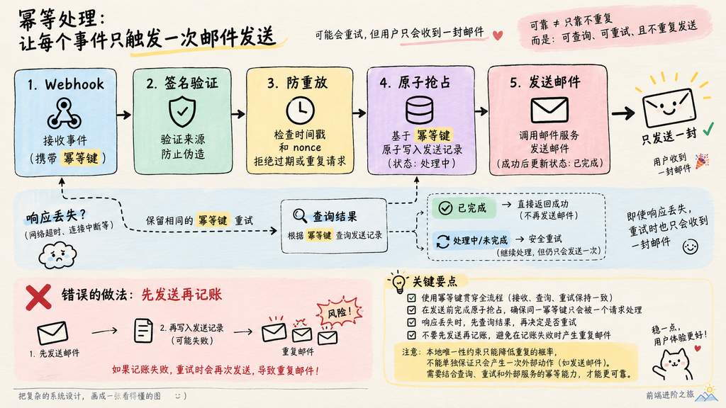 Webhook 写操作应先验证并原子抢占，响应丢失时沿用同一幂等键查询或重试