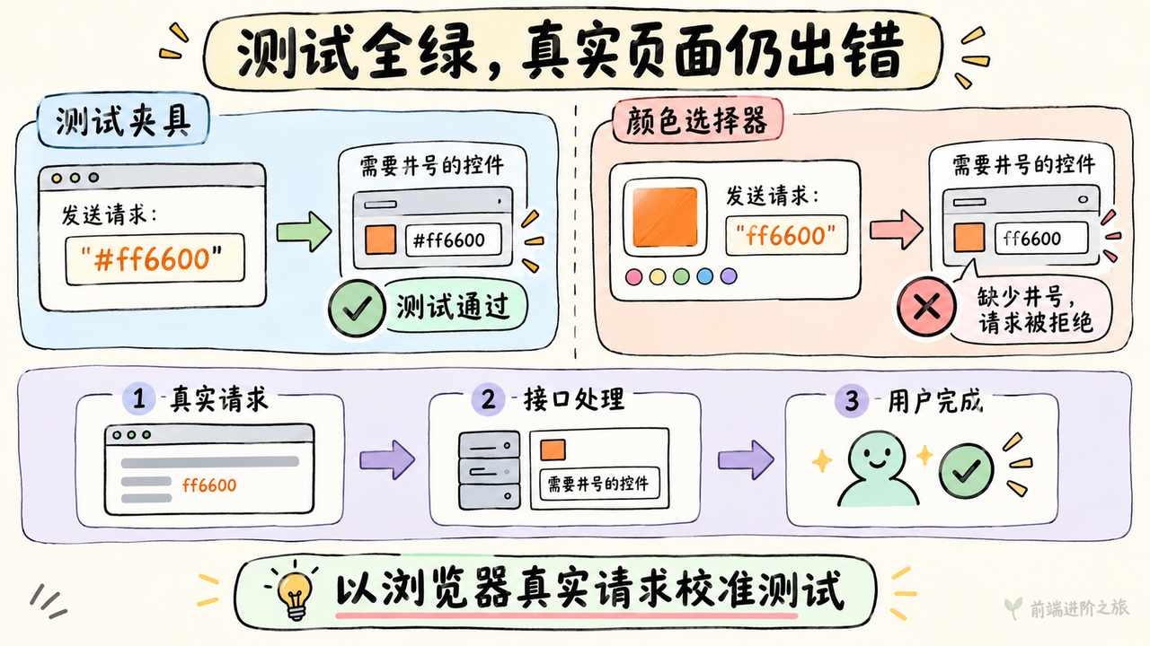 测试夹具的颜色值带井号而真实颜色选择器不带，测试全绿仍需核对真实请求和用户完成情况