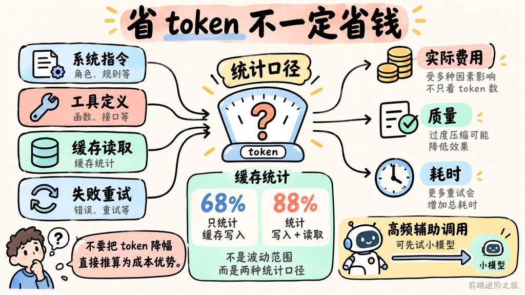 系统指令、工具定义、缓存读取和重试影响实际费用，token 降幅不能直接等于省钱