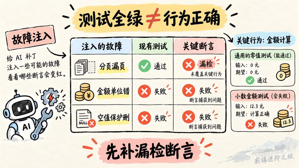 AI 补丁测试全绿仍需注入合理故障,检查关键断言能否抓住漏检行为