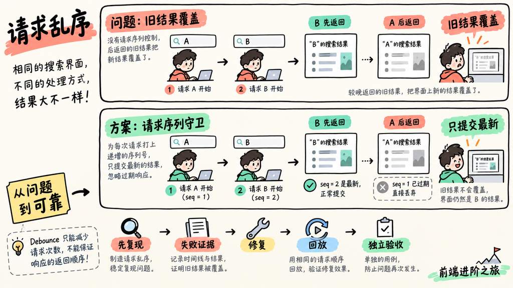 搜索请求 B 先返回、A 后返回时，序号守卫阻止旧结果覆盖新结果