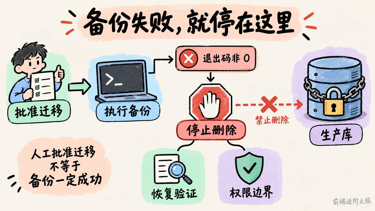 迁移脚本备份退出码非零时停止删除，并核对恢复验证和生产权限边界