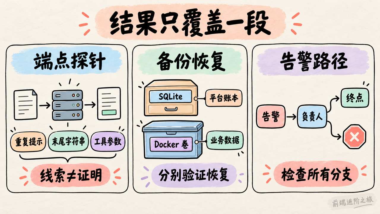 端点探针只提供线索,平台账本与业务数据须分别恢复验证,告警图须检查所有分支