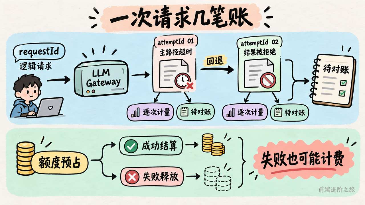 一次逻辑请求的重试与回退要逐次记录并归并对账；业务失败仍可能产生费用，额度另需预占、结算和释放