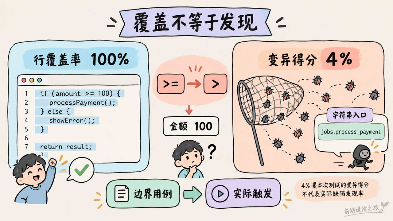 行覆盖率100%与变异得分4%的差距,需补边界与真实入口检查