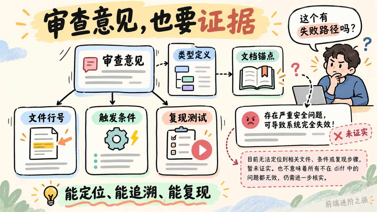 代码审查意见须给出文件行号、触发条件和复现测试,文档事实也要可追溯