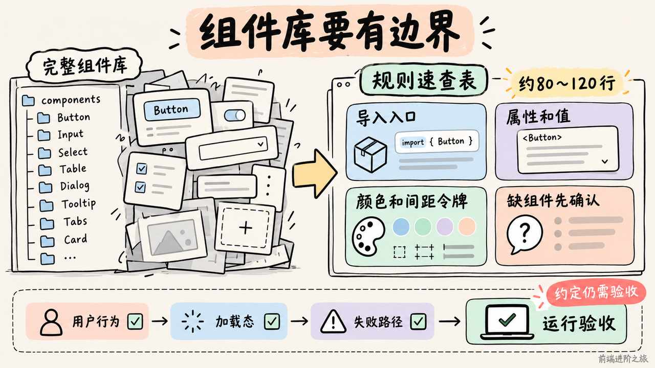 精简组件规则应明确导入、属性、样式和缺口，并以用户行为验收