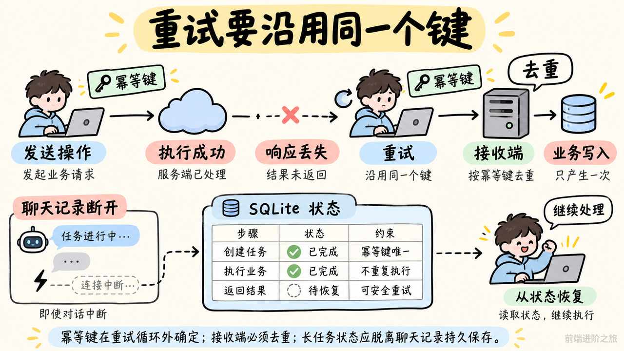 响应丢失后的重试沿用同一幂等键，接收端去重，任务状态独立持久化