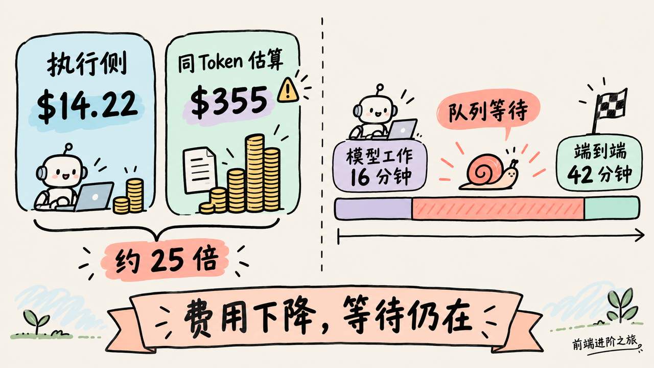 执行侧费用约差 25 倍，但模型工作 16 分钟与端到端 42 分钟之间仍有队列等待
