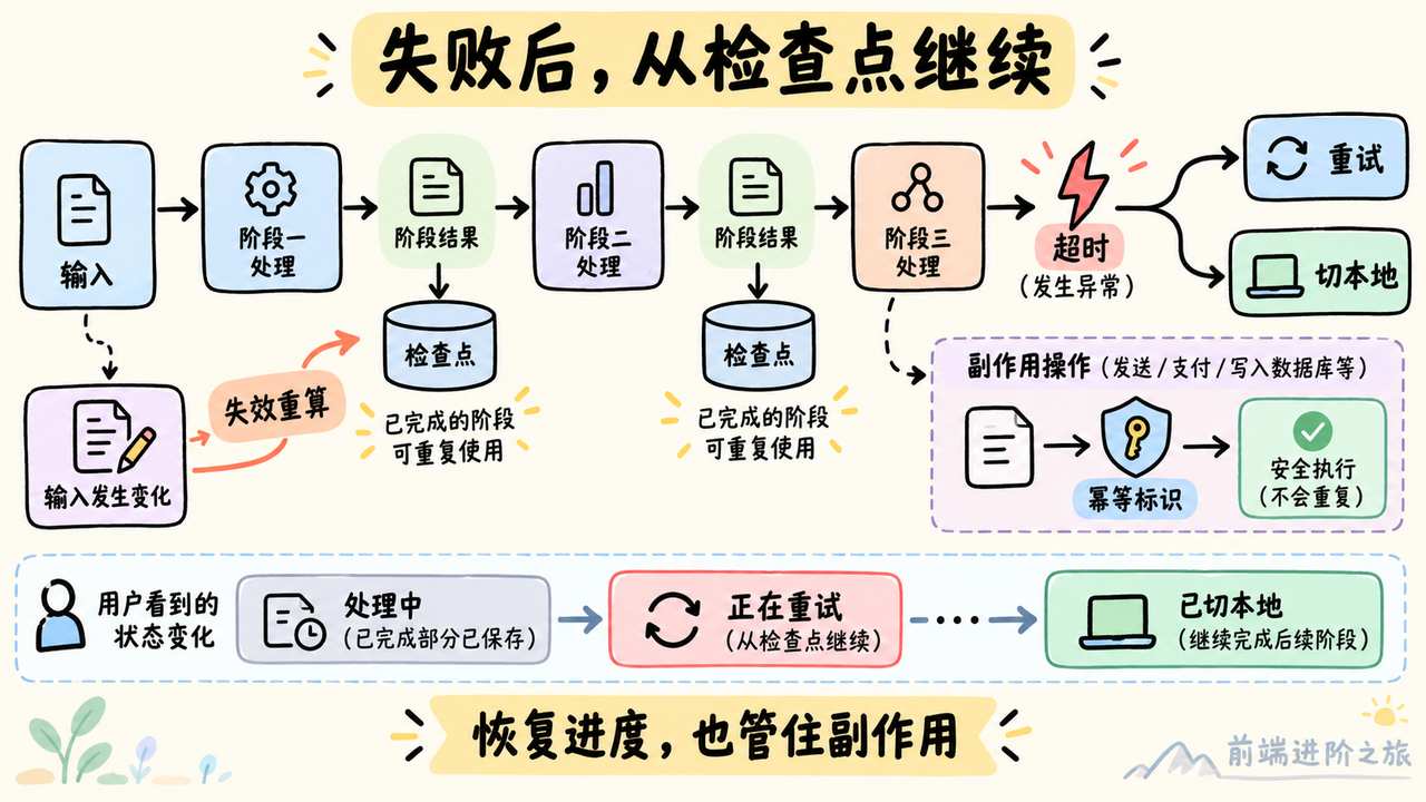 工作流故障后从检查点继续,输入变化使缓存失效,幂等标识约束外部副作用