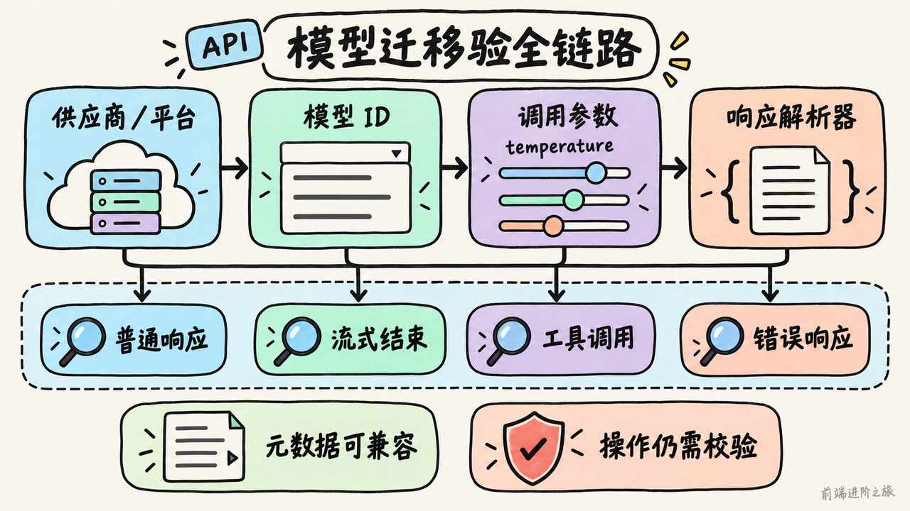 AI API 迁移要核验平台、模型、参数与解析器，并覆盖普通响应、流式结束、工具调用和错误响应