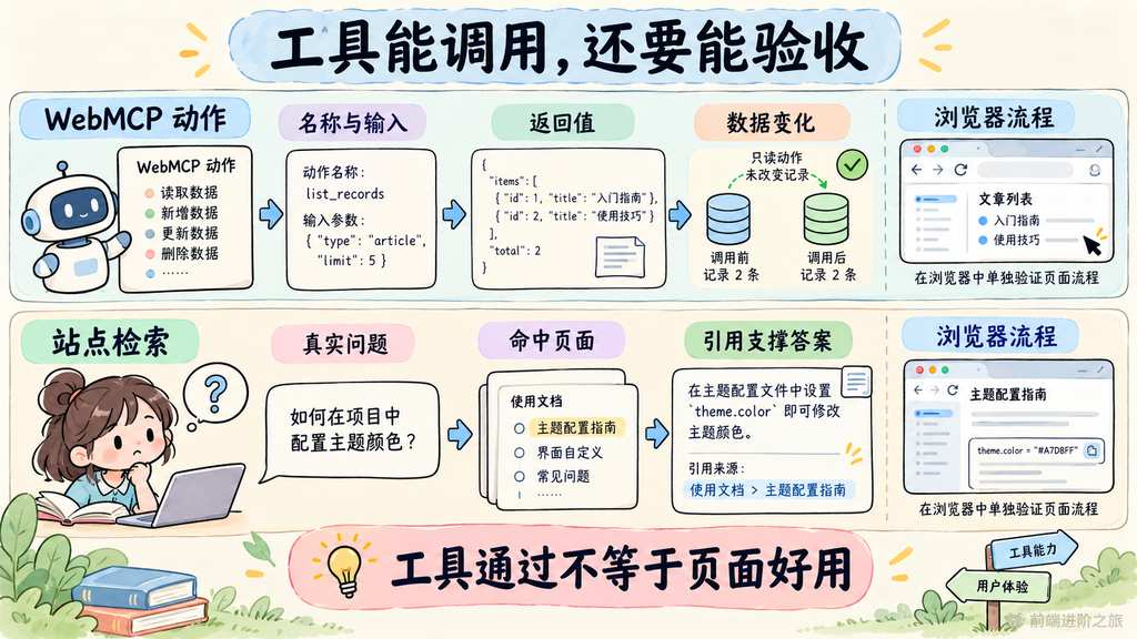 分别验收 WebMCP 动作的数据变化和站点检索的引用质量