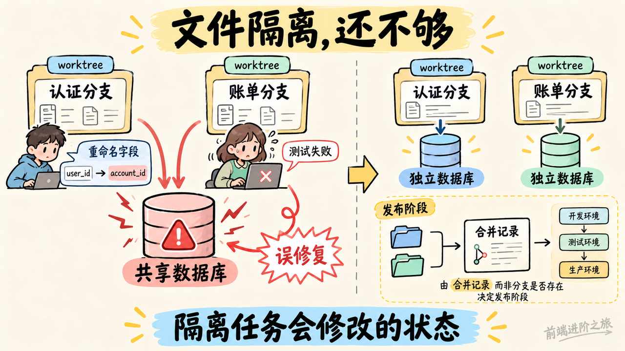 两个 worktree 共享数据库会互相干扰,应按任务隔离数据并用合并记录判断发布阶段