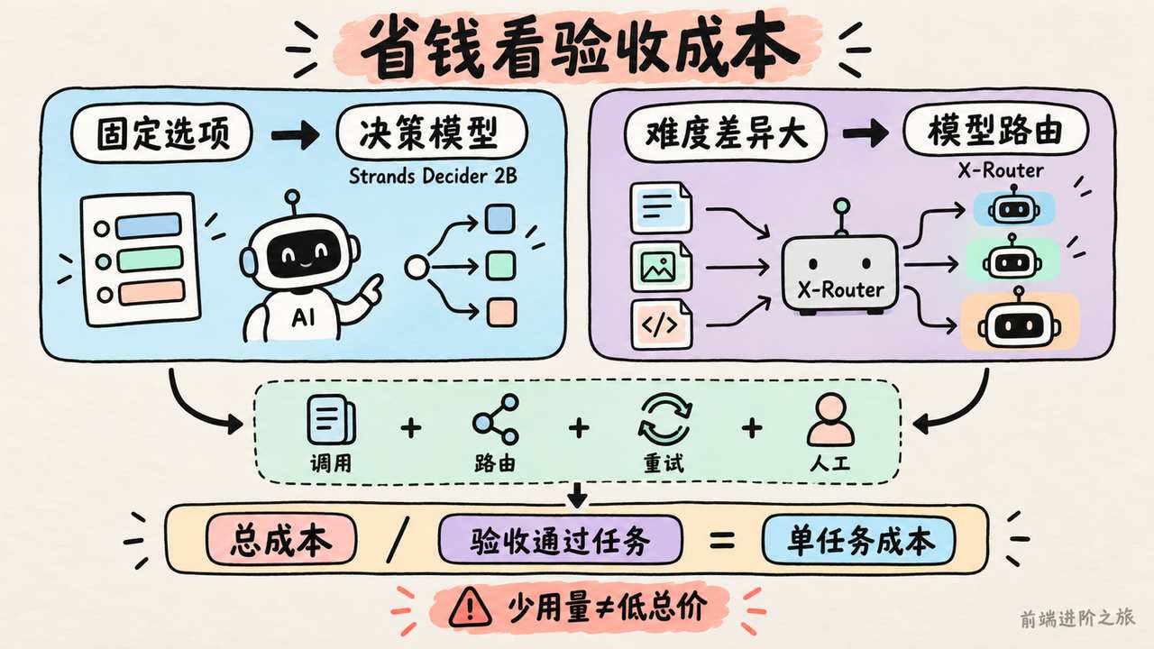 固定选项先试决策模型,难度差异大再试路由,最终比较每个验收通过任务的总成本