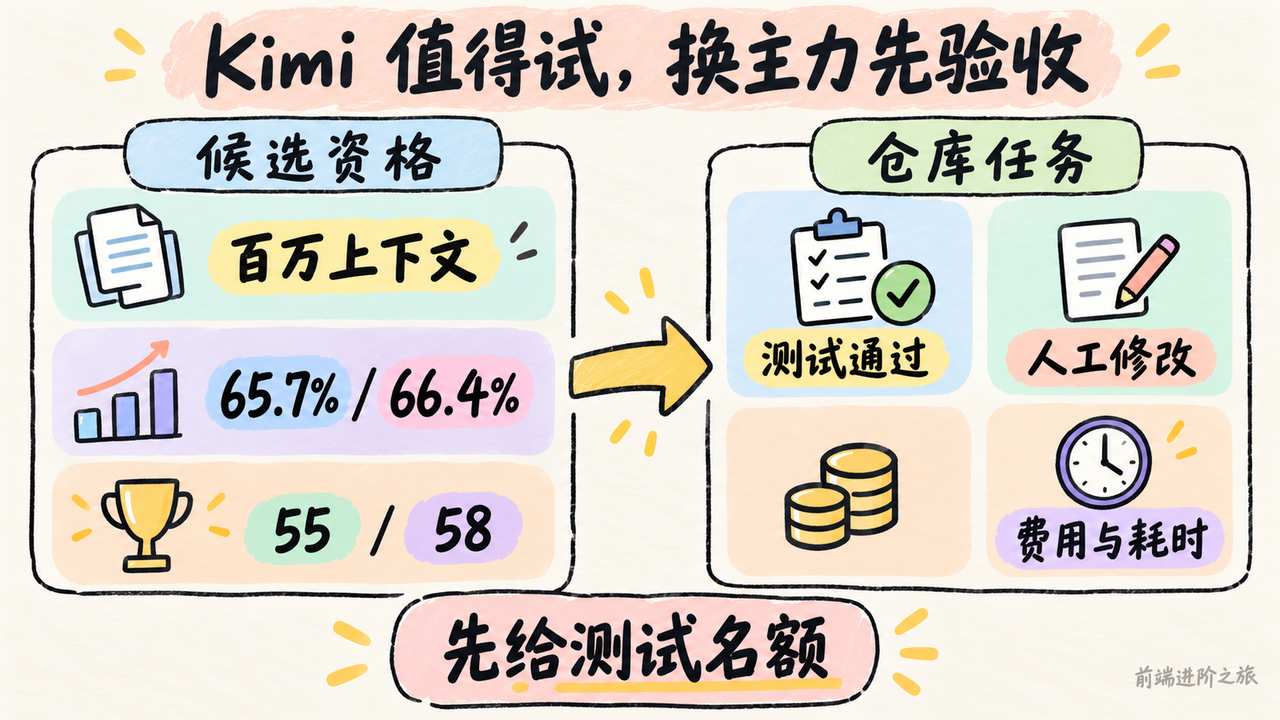 Kimi 百万上下文与评测成绩只构成候选资格，换主力还要验收仓库任务、人工修改、费用和耗时