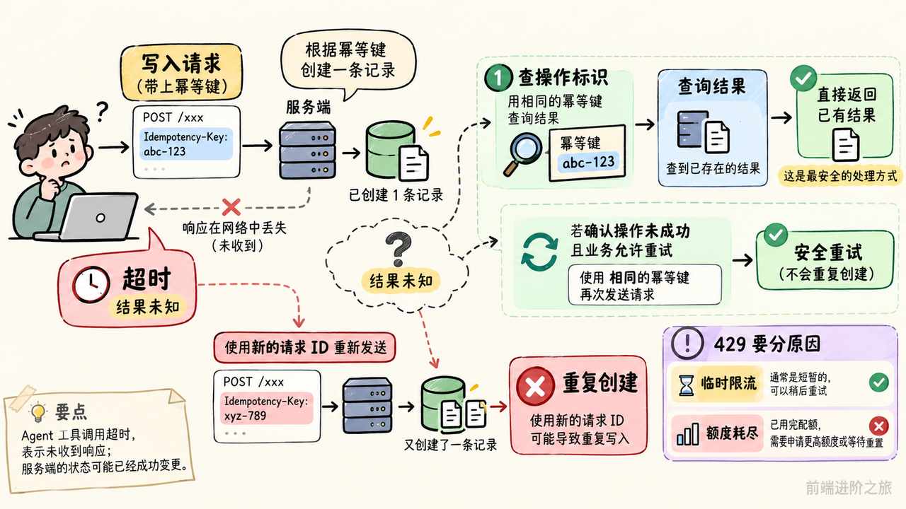 工具调用超时可能已经写入成功,应查询结果并沿用幂等键,避免重复创建