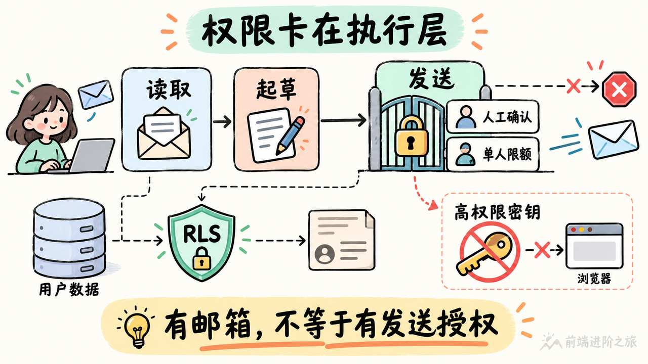 Agent 的读取、起草、发送分级授权,邮件发送和数据库写入由工具执行层核验