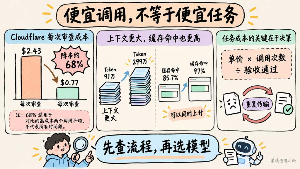 Cloudflare 单次审查成本降约 68%，但 Token 与缓存命中同时增长，应先查重复传输和重试流程