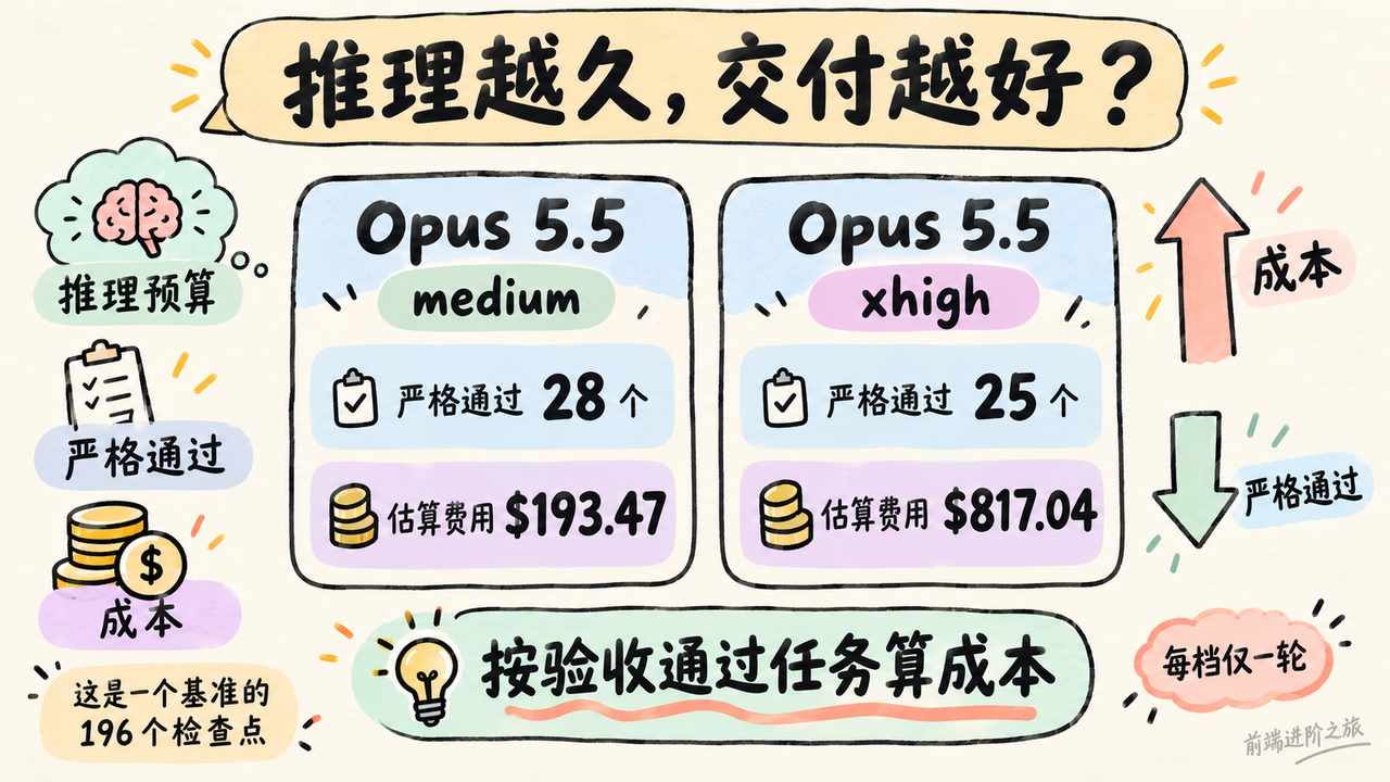 Opus 5.5 推理档位对照:medium 严格通过 28 个、估算费用 193.47 美元,xhigh 严格通过 25 个、估算费用 817.04 美元;每档仅一轮