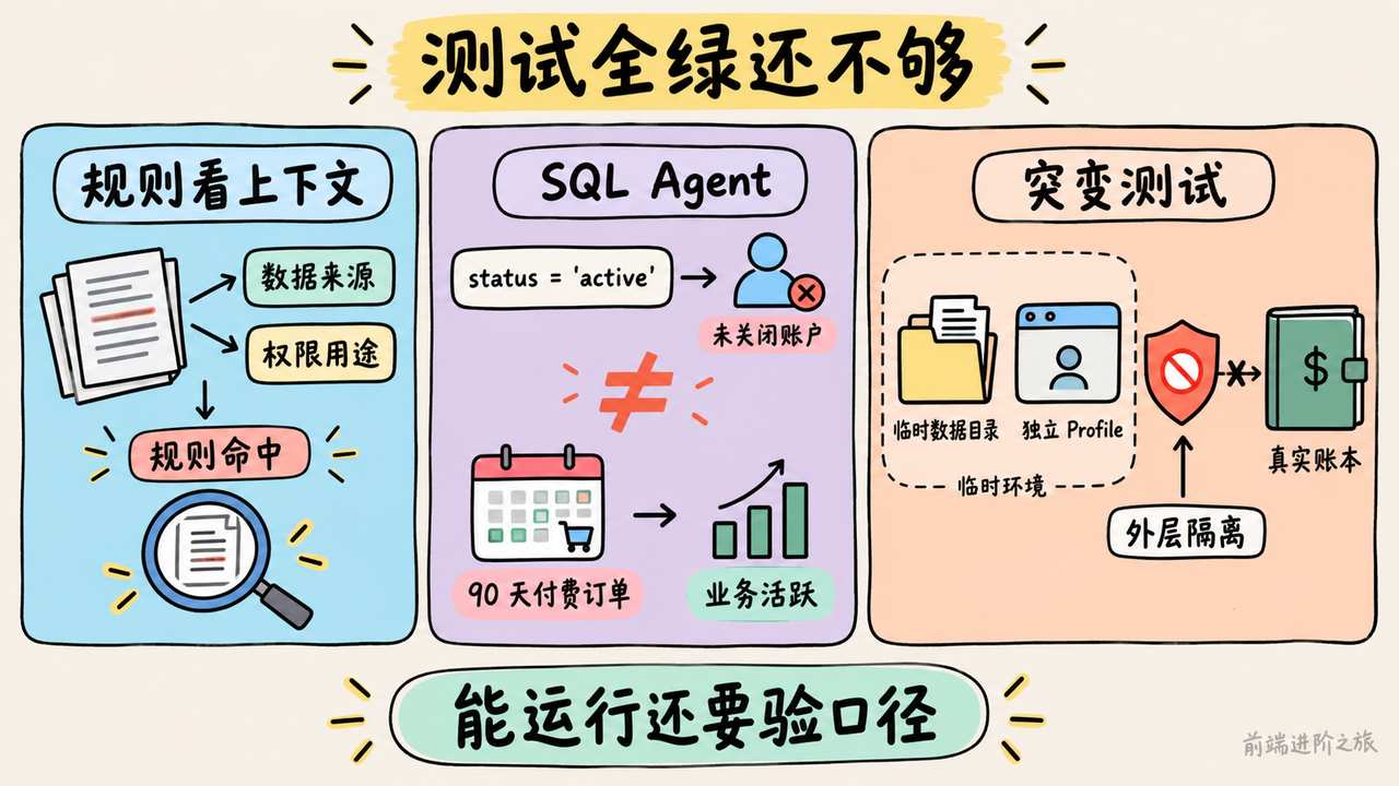 AI 功能验收需同时检查规则上下文、SQL 业务口径和测试资源隔离，账户 active 不等于最近 90 天有付费订单