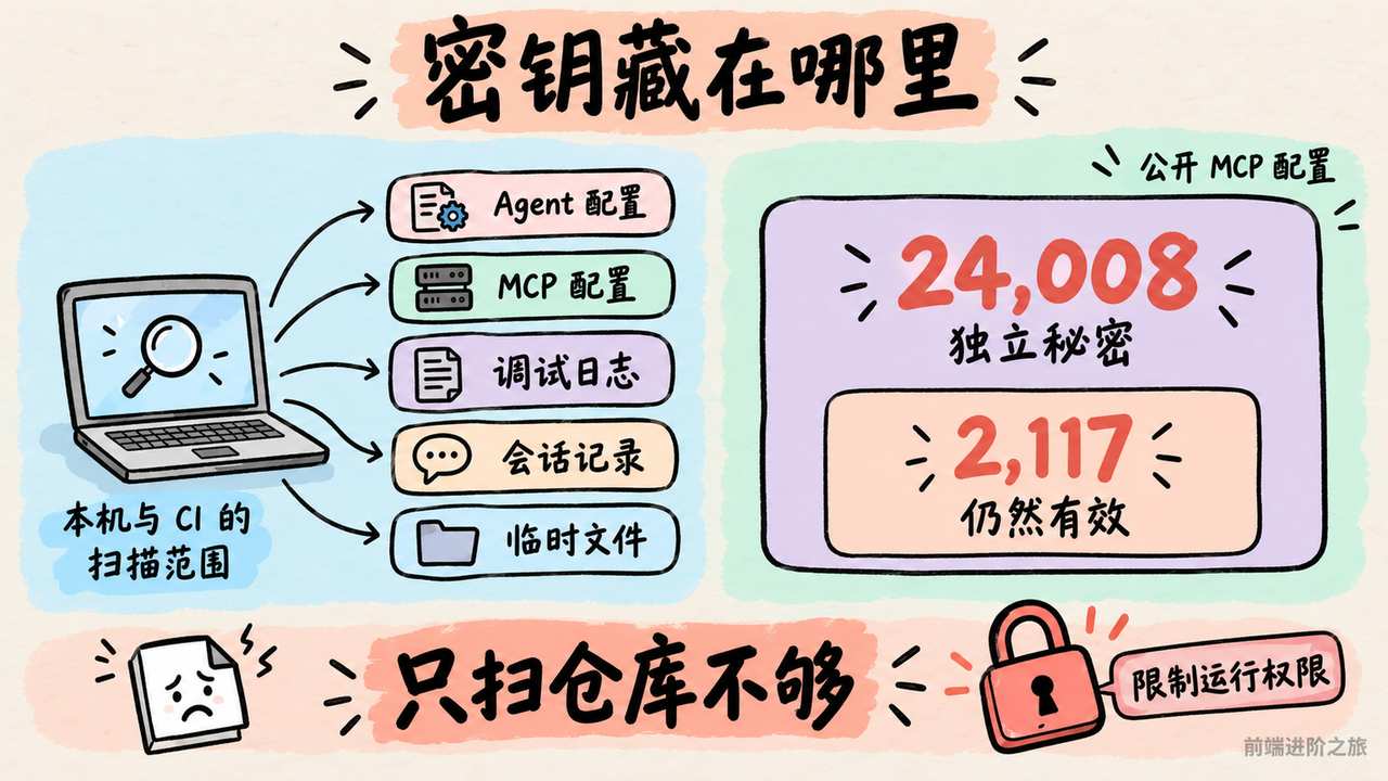 公开 MCP 配置的 24,008 个独立秘密中，2,117 个仍有效；扫描需覆盖配置、日志、会话和临时文件，并限制运行权限