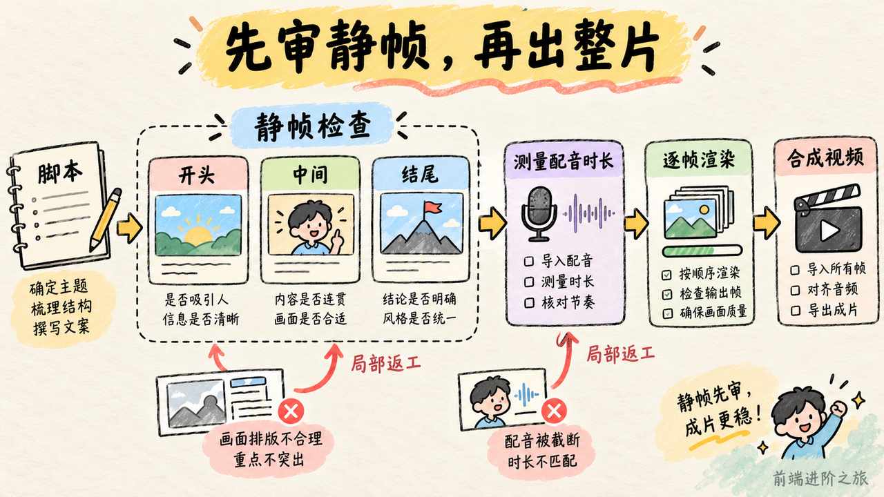 AI 视频先审开头中间结尾静帧并测量配音时长，再逐帧渲染合成以支持局部返工