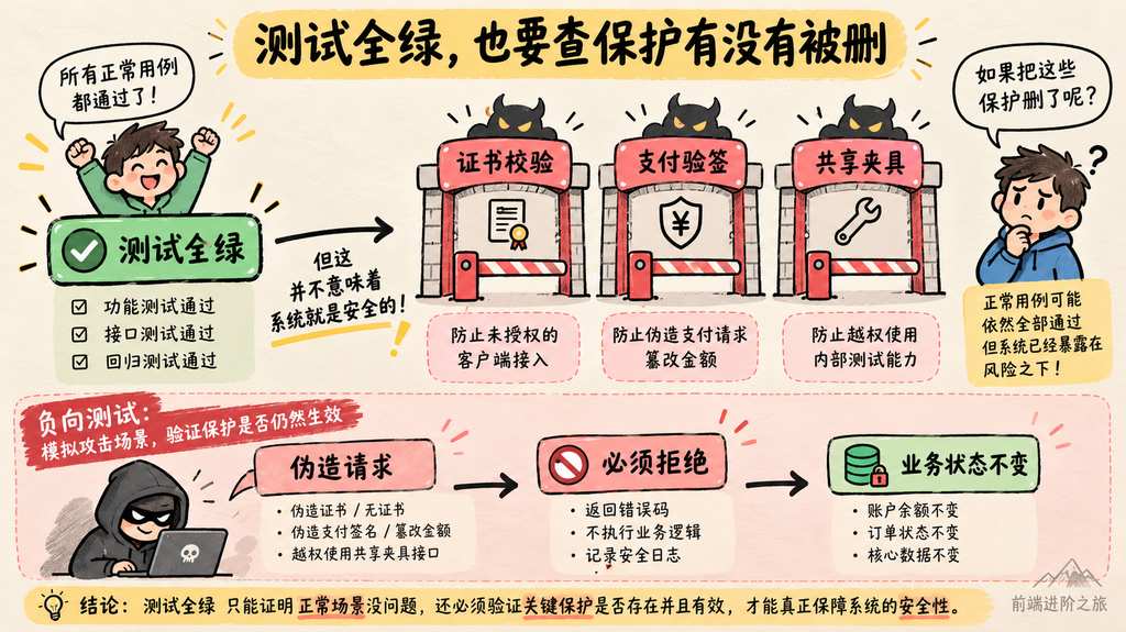 测试全绿仍需验证证书校验、支付验签和共享夹具保护，伪造请求应被拒绝且业务状态不变