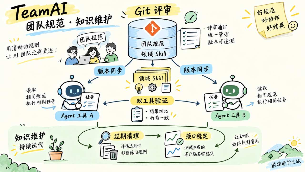 TeamAI 通过 Git 评审与版本同步维护团队规范，跨工具验证并清理过期知识