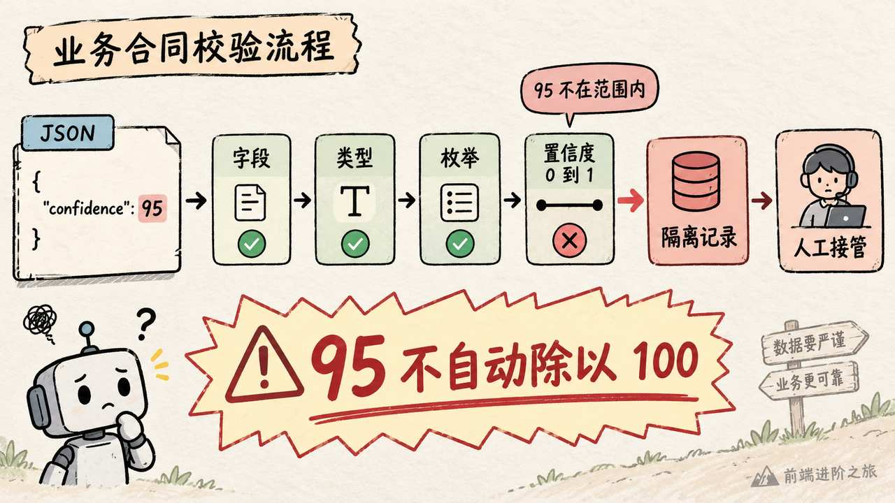 模型 JSON 输出需检查字段、类型、枚举和置信度范围，超范围结果隔离并人工接管