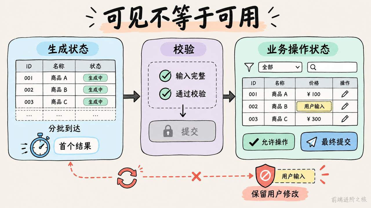 交互回答应区分生成状态和业务操作状态，保护用户输入，并在输入完整且校验后开放提交。