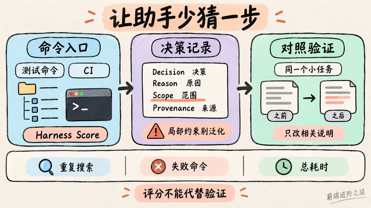 明确测试命令和决策适用范围后,用同一任务的对照实验检查搜索、失败命令和总耗时