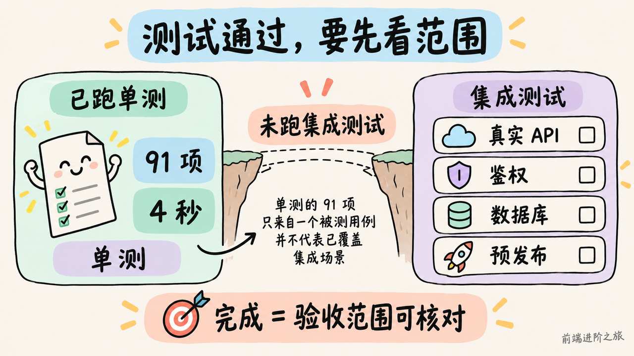 91 项单测通过仍可能漏跑真实 API、鉴权和数据库集成测试