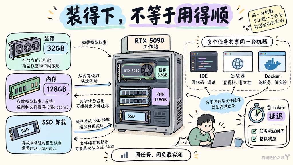 本地模型的显存、内存和 SSD 卸载链路,以及 IDE 等日常负载对延迟与响应的影响
