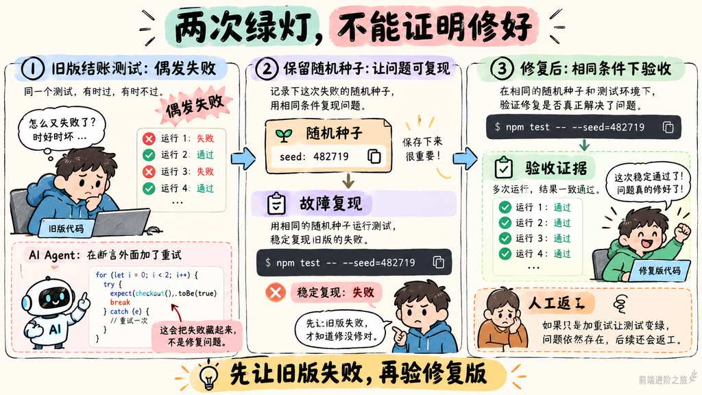 偶发失败测试先复现并保留随机种子，再在相同条件下验收修复