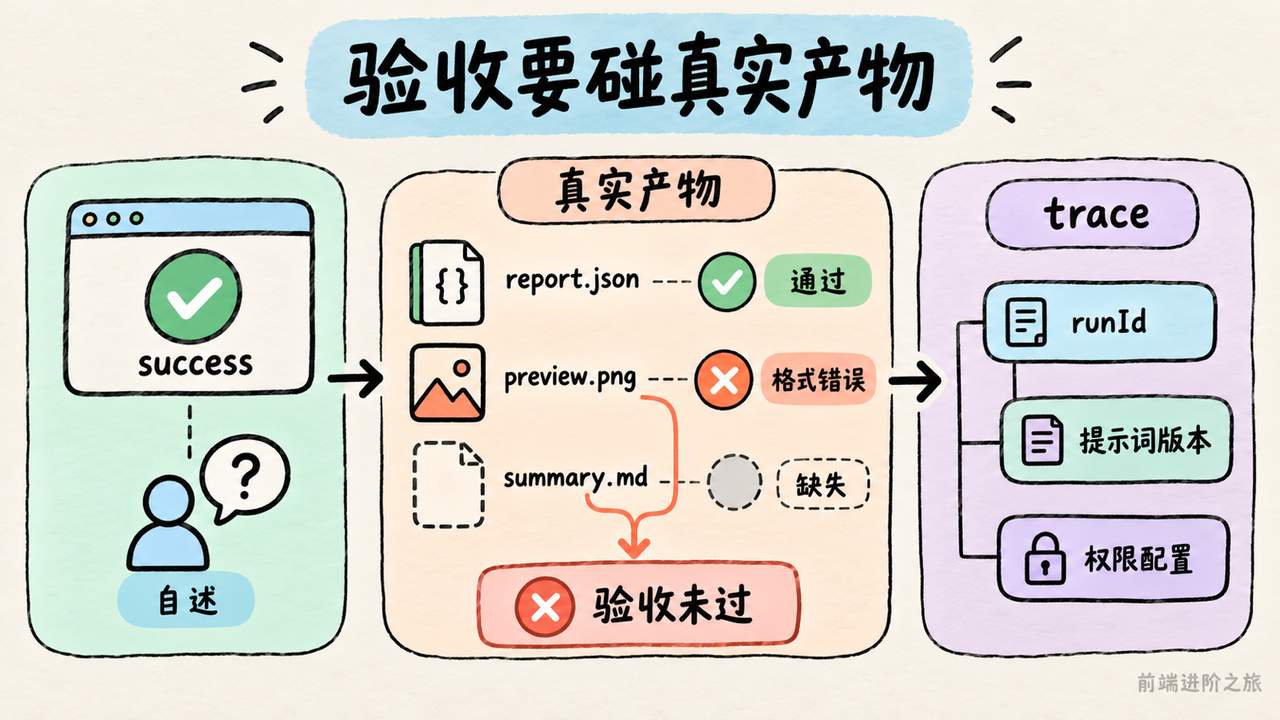 回执成功仍需外部验证文件存在和有效性，trace 用于关联排查证据