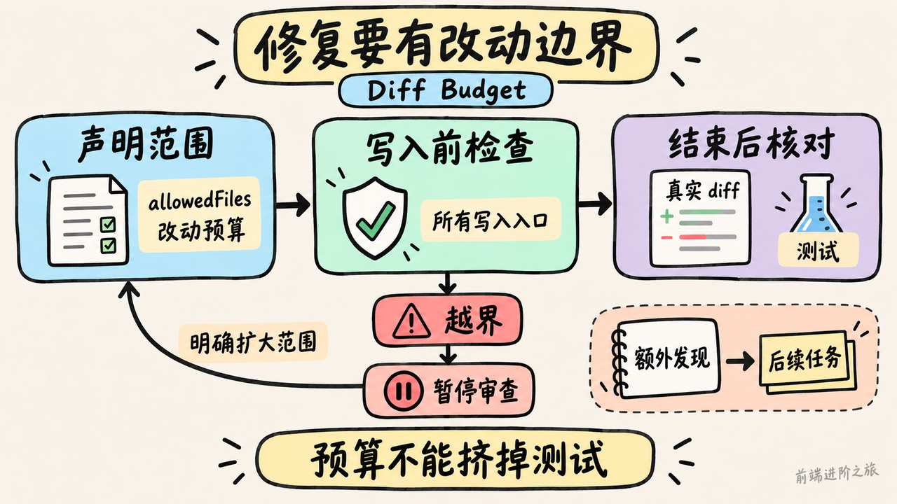Diff Budget 先声明文件和改动预算，写入前拦路径，结束后核对 diff 与测试，越界暂停审查并把额外发现留作后续任务