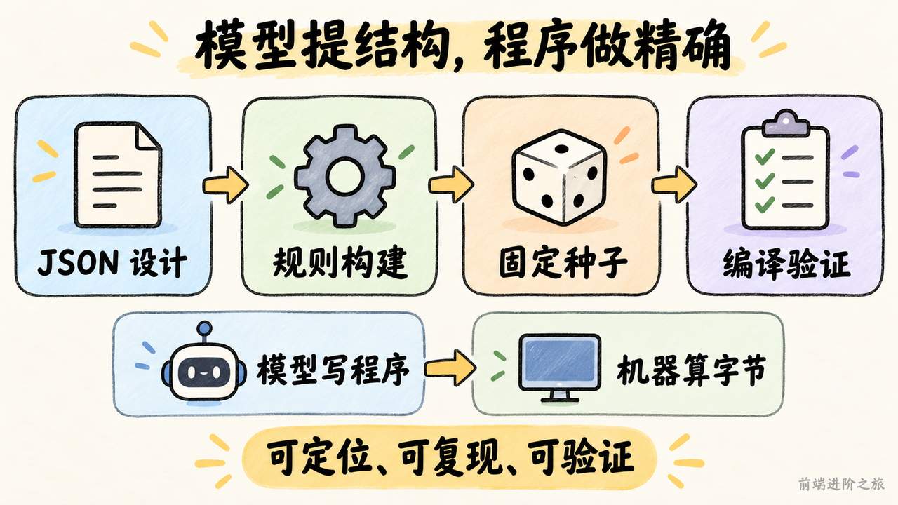 生成式应用分工:模型生成结构,程序按规则构建、固定种子并编译验证